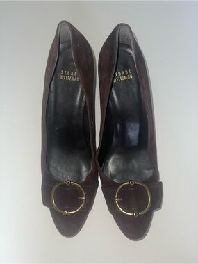Stuart Weitzman Dark Brown Suede Pumps with Gold Ring